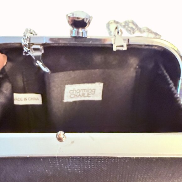 Charming Charlie Black Satin Clutch Purse Rhinestone Evening Bag Hard Case Ruffl - Picture 13 of 15